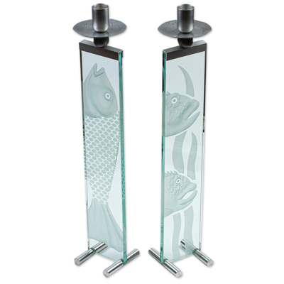 Kerzenhalter aus Glas, (Paar) - Kerzenhalter aus Glas und Aluminium mit Fisch (2er-Set)