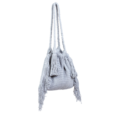 Cotton shoulder bag, 'Terra Fria in Ash' - Macrame Cotton Shoulder Bag in Light Grey
