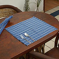 Cotton placemats, 'Central Highlands Blue' (set of 4) - Blue-Grey Hand Woven Checkered Cotton Placemats (Set of 4)