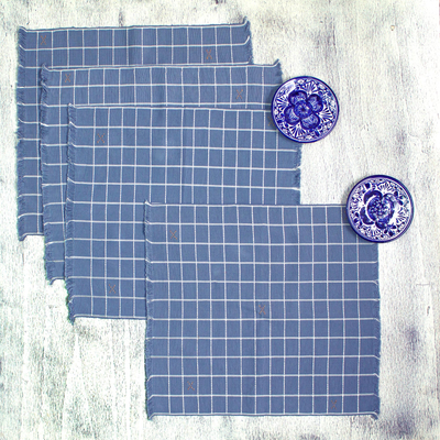 Manteles individuales de algodón, (juego de 4) - Manteles individuales de algodón a cuadros azul grisáceo tejidos a mano (juego de 4)