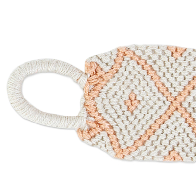 Cotton macrame wristband bracelet, 'Oyster and Melon' - 100% Cotton Hand Woven Diamond-Patterned Bracelet