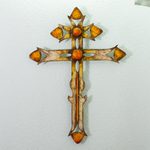 Steel wall art, 'Solar Cross' - Double Barred Cross Steel Wall Art with Painted Solar Design