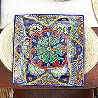 Platos llanos de cerámica, 'Cuadrado Hidalgo' (pareja) - Platos llanos cuadrados pintados a mano (Pareja)