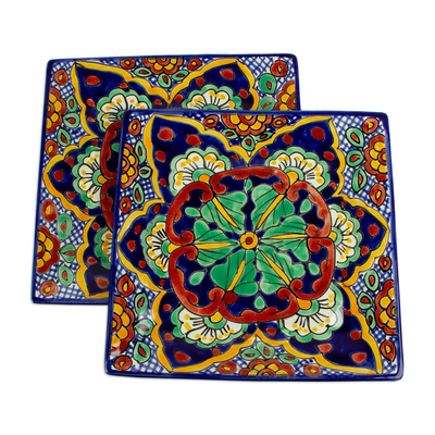 Platos llanos de cerámica, (par) - Platos llanos cuadrados pintados a mano (par)