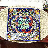 Ceramic salad plates, 'Hidalgo Square' (pair) - Talavera-Style Ceramic Salad Plates (Pair)