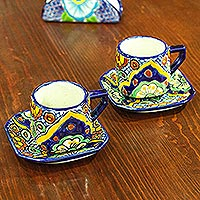 Ceramic cups and saucers, 'Hidalgo Fiesta' (set for 2)