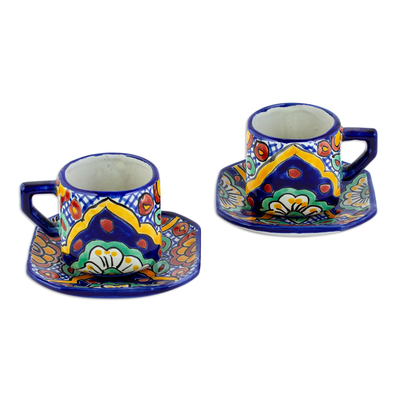 Ceramic cups and saucers, 'Hidalgo Fiesta' (set for 2) - Colonial Mexican Ceramic Cups Mugs with Saucers (Set for 2)