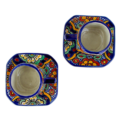 Tazas y platillos de cerámica, (juego para 2) - Tazas de Cerámica Mexicana Colonial con Platillos (Juego para 2)