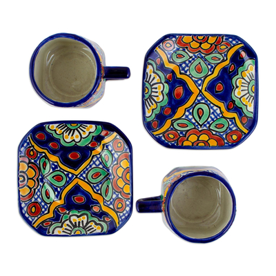 Ceramic cups and saucers, 'Hidalgo Fiesta' (set for 2) - Colonial Mexican Ceramic Cups Mugs with Saucers (Set for 2)