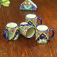 Ceramic mugs, 'Hidalgo Fiesta' (set of 4) - Mexican Ceramic Coffee Mugs with Colonial Design (Set of 4)