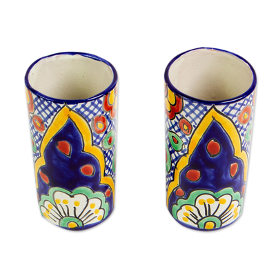 Ceramic tumblers, 'Hidalgo Fiesta' (Pair) - Talavera-Style Ceramic Tumblers (Pair)