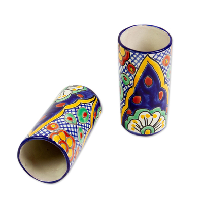 Ceramic tumblers, 'Hidalgo Fiesta' (Pair) - Talavera-Style Ceramic Tumblers (Pair)