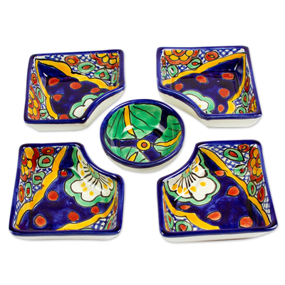 Ceramic appetizer platter, 'Hidalgo Square' - Food-Safe Talavera-Style Appetizer Platter