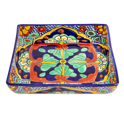 Ceramic appetizer platter, 'Hidalgo Square' - Food-Safe Talavera-Style Appetizer Platter