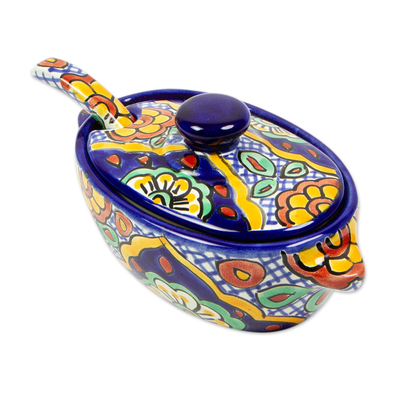 Ceramic salsa bowl and spoon, 'Hidalgo Fiesta' - Artisan Crafted Salsa Bowl and Spoon