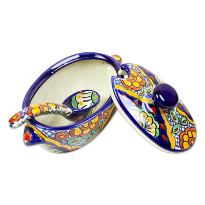 Ceramic salsa bowl and spoon, 'Hidalgo Fiesta' - Artisan Crafted Salsa Bowl and Spoon