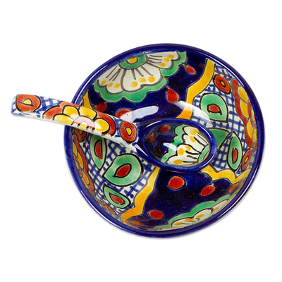 Condiment bowl and spoon, 'Hidalgo Fiesta' - Handmade Ceramic Bowl and Spoon Set