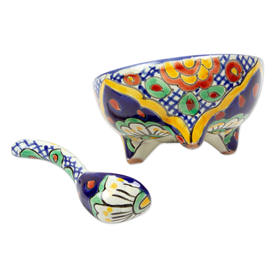 Condiment bowl and spoon, 'Hidalgo Fiesta' - Handmade Ceramic Bowl and Spoon Set