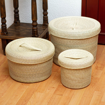 Natural fiber baskets, 'Market Treasures' (set of 3) - Lidded Baskets Made from Palm Frond Fiber (Set of 3)