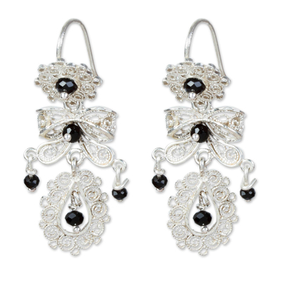 Mexican Sterling Silver Filigree and Black Crystal Earrings