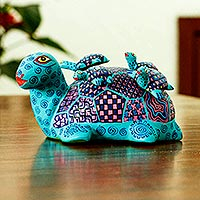 Wood alebrije sculpture, 'Mama Turtle' - Blue Mother Turtle and Babies Alebrije Sculpture from Oaxaca
