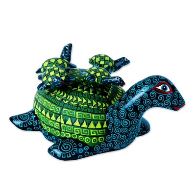 Wood alebrije sculpture, 'Turtle Mom Taxi' - Green and Blue Oaxacan Mother Turtle Alebrije with Babies