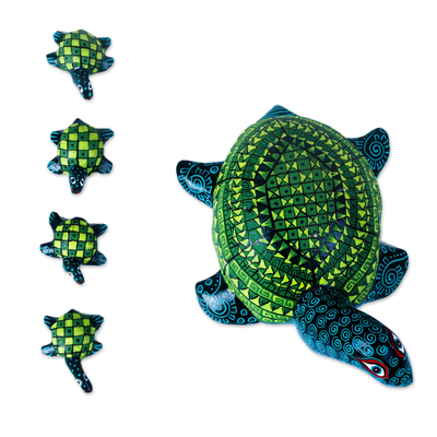 Wood alebrije sculpture, 'Turtle Mom Taxi' - Green and Blue Oaxacan Mother Turtle Alebrije with Babies