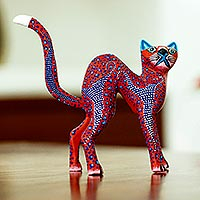 Wood alebrije sculpture, 'Crimson Cat' - Red and Blue Arched Cat Alebrije Figure from Oaxaca