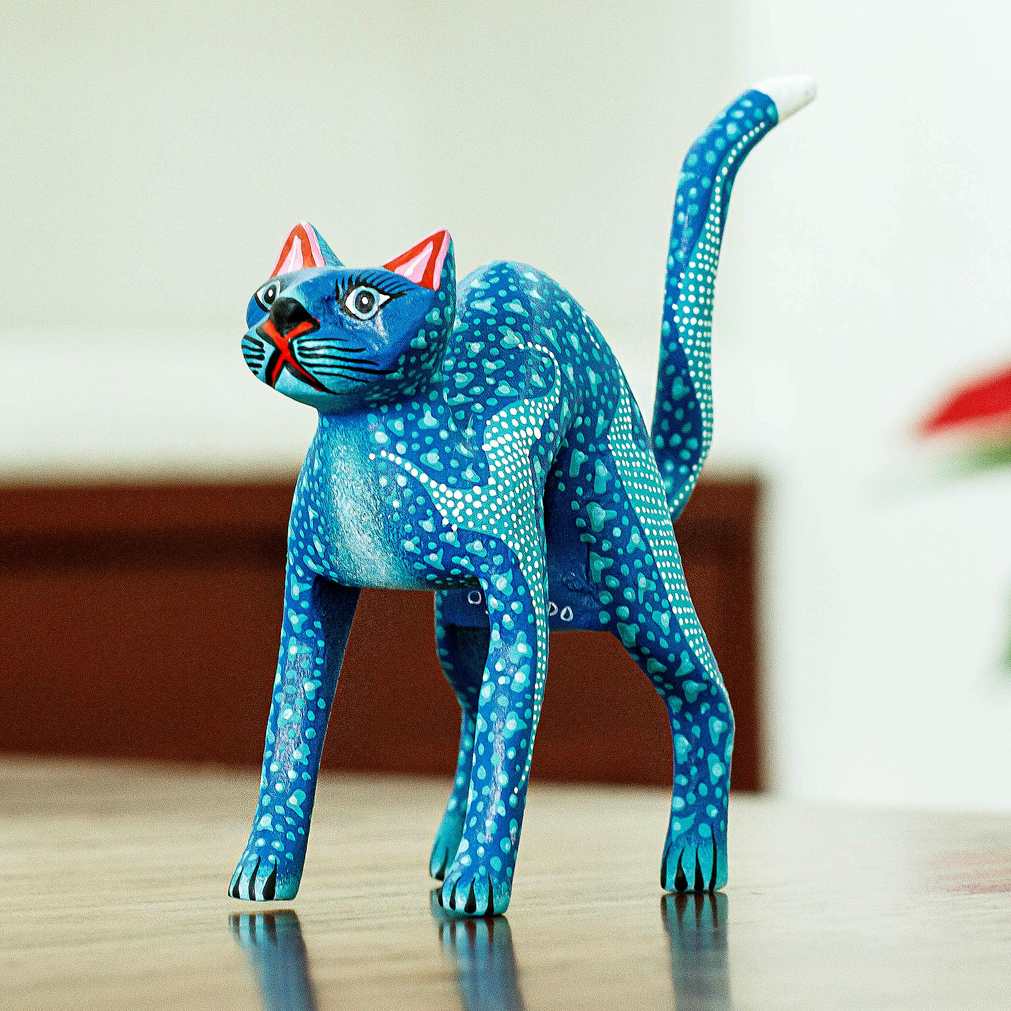 Wood Cat Alebrije Figurine in Teal Hand-Painted in Mexico, 'Curious Cat in  Teal