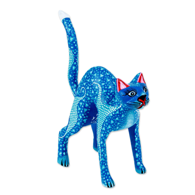 Blue and Teal Alebrije Cat with Star-Like Patterns on Body