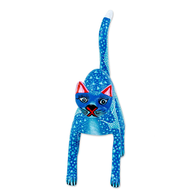 Escultura de alebrije de madera, 'Gato Celestial' - Gato Alebrije azul y verde azulado con patrones en forma de estrellas en el cuerpo