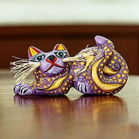 Wood alebrije sculpture, 'Purple Pouncing Cat' - Purple Crouching Cat Alebrije Figure with Henequen Whiskers