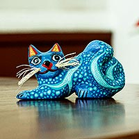 Wood alebrije sculpture, Blue Pouncing Cat