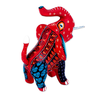 Wood alebrije sculpture, 'Calling Elephant' - Red Dominant Elephant Alebrije Figure Made in Oaxaca