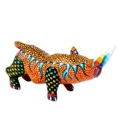 Wood alebrije sculpture, 'Cautious Amber Rhino' - Yellow Orange Dominant Rhinoceros Alebrije Sculpture