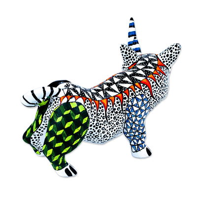 Wood alebrije sculpture, 'Cautious Black and White Rhino' - Black and White Rhinoceros Alebrije Wood Carving from Oaxaca