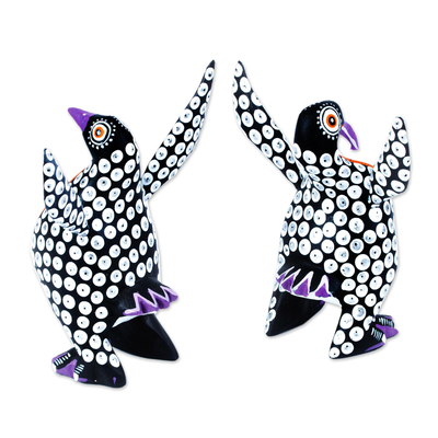Wood alebrije sculpture, 'Happy Emperor Penguins' (pair) - Black and White Penguin Alebrije Figures from Oaxaca (Pair)
