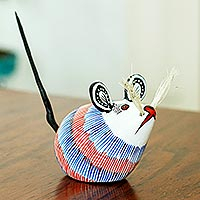 Wood alebrije sculpture, 'Little Mouse Perez' - Blue and Red Mouse Alebrije with Black Tail from Oaxaca