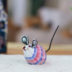 Wood alebrije sculpture, 'Little Mouse Perez' - Blue and Red Mouse Alebrije with Black Tail from Oaxaca