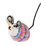 Wood alebrije sculpture, 'Little Mouse Perez' - Blue and Red Mouse Alebrije with Black Tail from Oaxaca