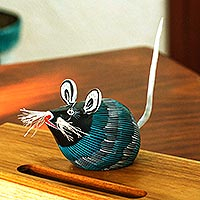 Wood alebrije sculpture, 'Little Black Mouse Perez' - Turquoise and Black Mouse Alebrije Figure Signed by Artisans