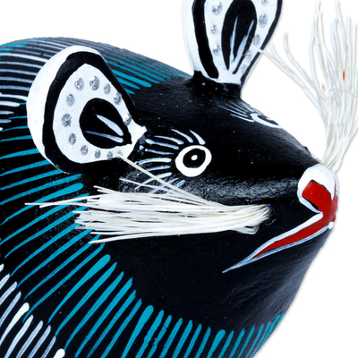 Wood alebrije sculpture, 'Little Black Mouse Perez' - Turquoise and Black Mouse Alebrije Figure Signed by Artisans
