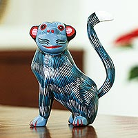Wood alebrije sculpture, 'Mossy Monkey' - Handmade Turquoise Monkey Alebrije Figure from Oaxaca