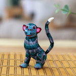 Wood alebrije sculpture, 'Mossy Monkey' - Handmade Turquoise Monkey Alebrije Figure from Oaxaca