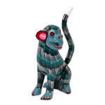 Wood alebrije sculpture, 'Mossy Monkey' - Handmade Turquoise Monkey Alebrije Figure from Oaxaca