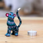 Wood alebrije sculpture, 'Mossy Monkey' - Handmade Turquoise Monkey Alebrije Figure from Oaxaca