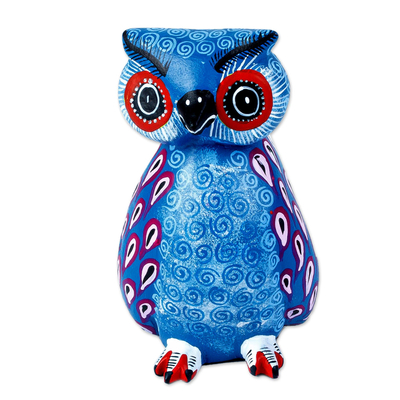 Hand Carved Owl Alebrije with Blue Wings from Oaxaca