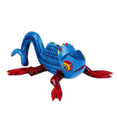 Blue and Orange Chameleon Alebrije Figure from Oaxaca