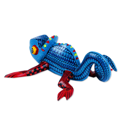 Wood alebrije sculpture, 'Chameleon with the Blues' - Blue and Orange Chameleon Alebrije Figure from Oaxaca