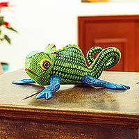 Wood alebrije sculpture, 'Green Chameleon' - Blue-Footed Green Chameleon Alebrije Figure from Oaxaca